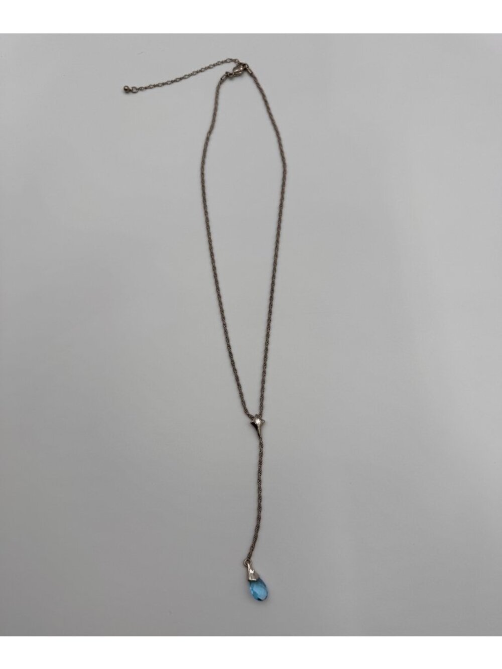 Vintage Avon Silver Tone Blue Crystal Y Drop Lariat Necklace 18” Signed